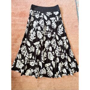George Black White Floral Midi A-Line Skirt Rayon Pull On Women’s L 12/14